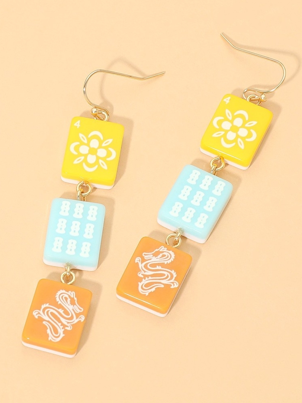 Colorful Mahjong Tile Triple Link 2.75" Dangle Earrings Yellow Blue Pink Jewelry